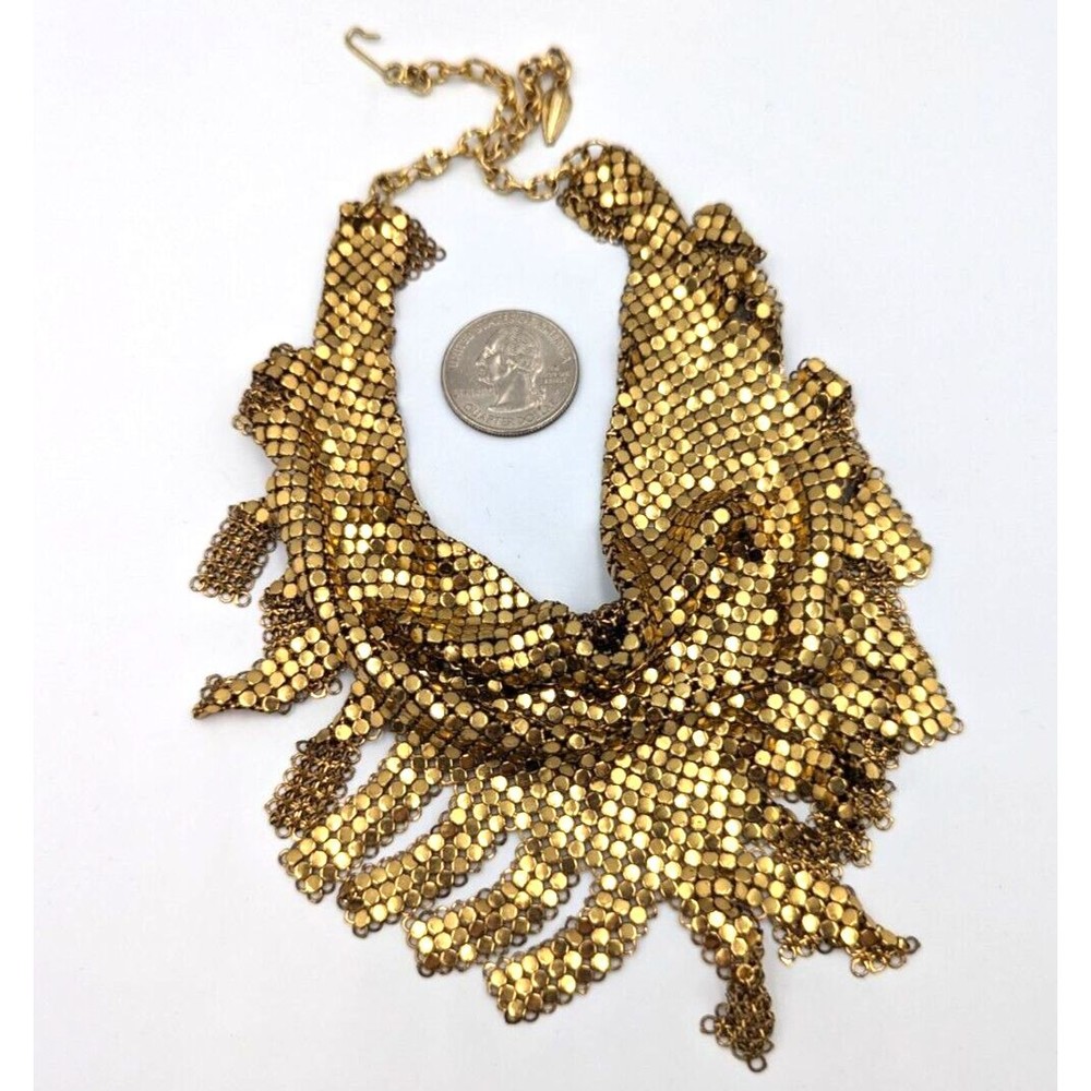 Whiting & Davis Gold Tone Chainmail Metal Fringed Vintage Bib Necklace 1970s - Picture 14 of 14